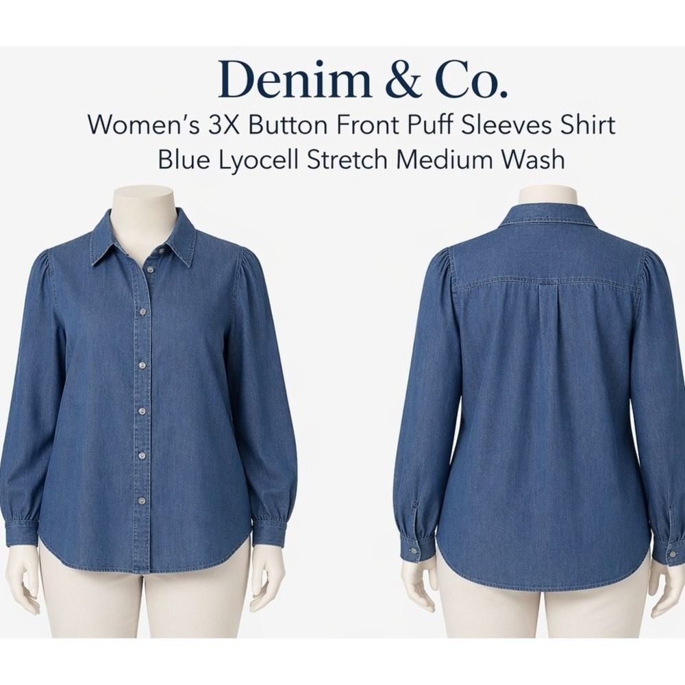 Denim & Co‎ Womens 3X Medium Wash Puff Sleeve Button Front Denim Shirt A378176